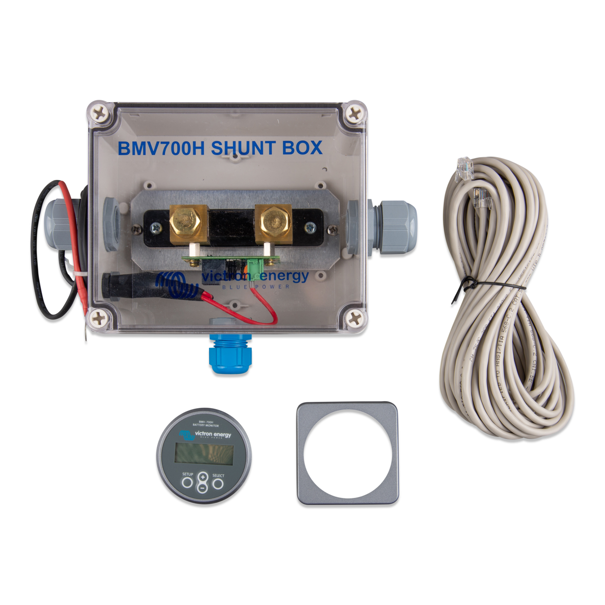 BMV-700H with Shunt box cable and bezel top view showing the complete kit including the circular battery monitor, protective housing, connection cables, and the square mounting bezel