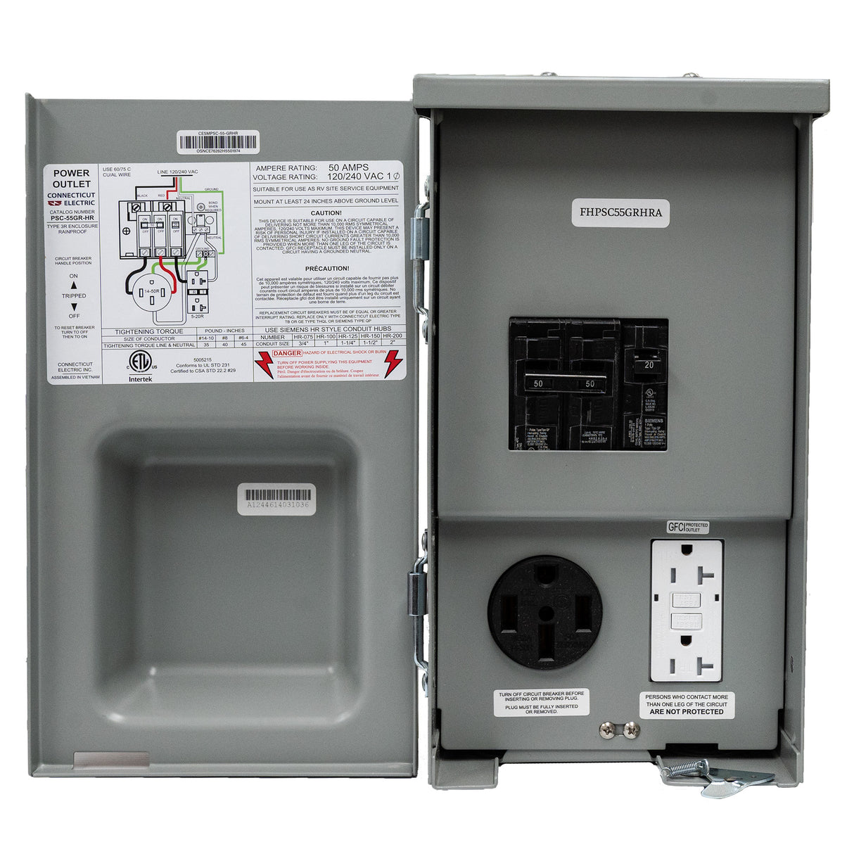 Connecticut Electric cnt-ps-55gr-hr Nema 14-50 outlet with 120V GFCI - open door