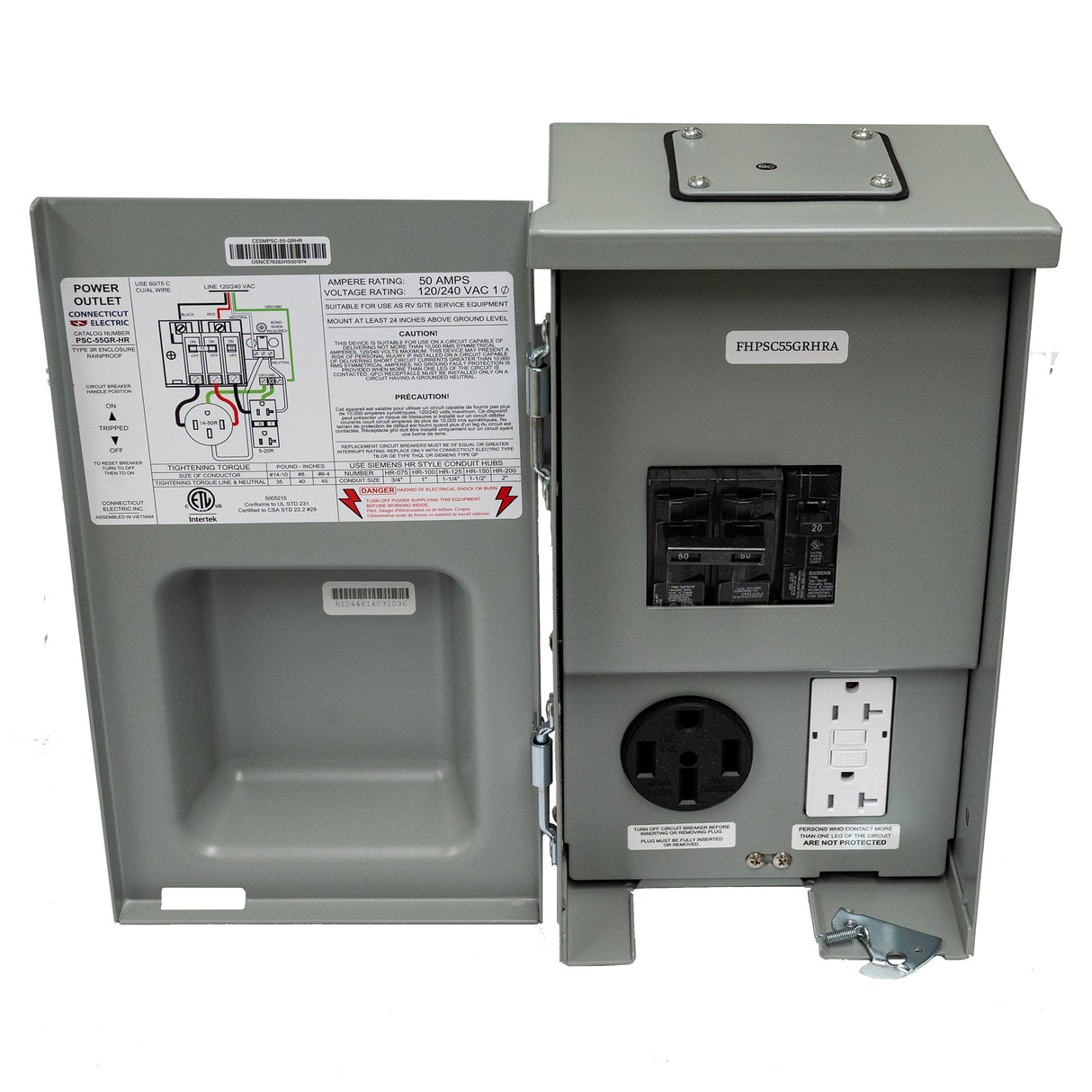 Connecticut Electric cnt-ps-55gr-hr Nema 14-50 outlet with 120V GFCI - open door top view