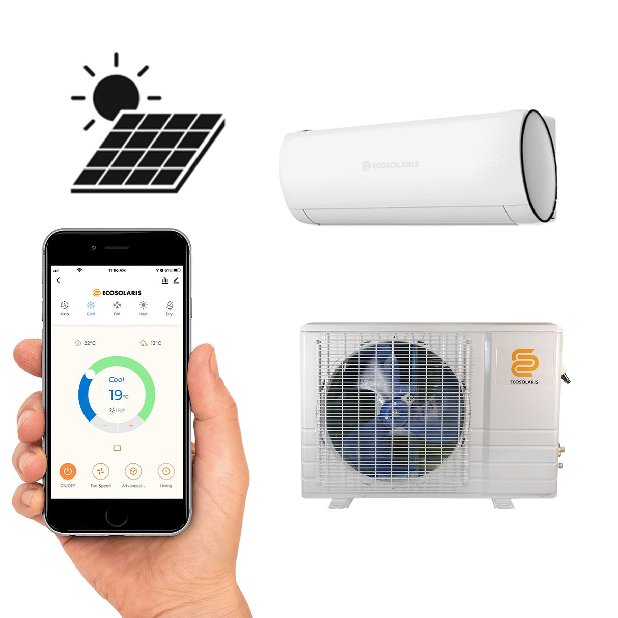 ECOSOLARIS 18 000 BTU Hybrid Solar Mini-Split—Air Conditioner Heat Pump | Energy Star Certified