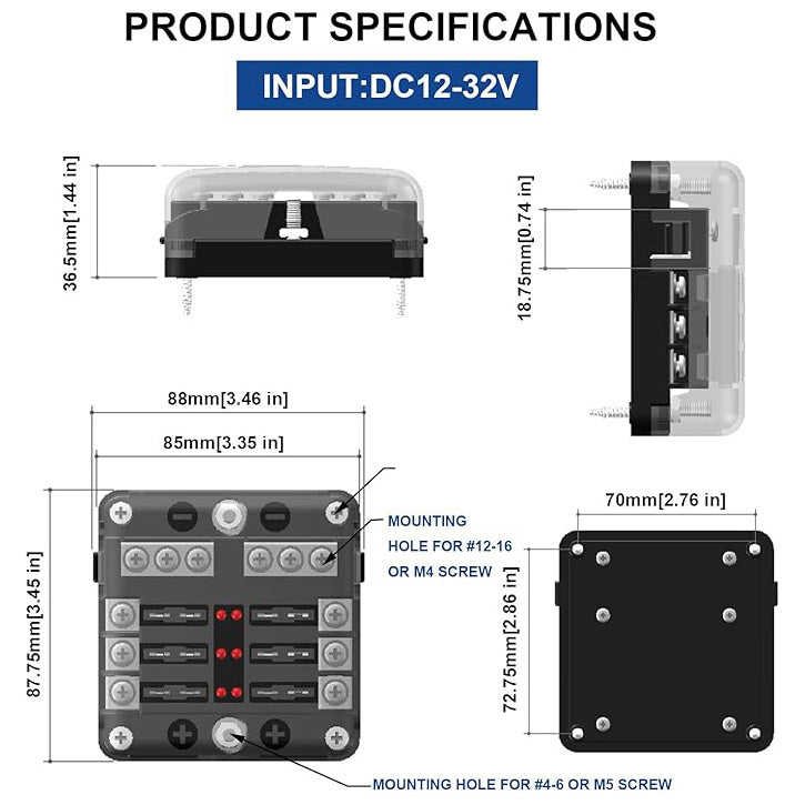 6-way ATO fuse holder - dimensions