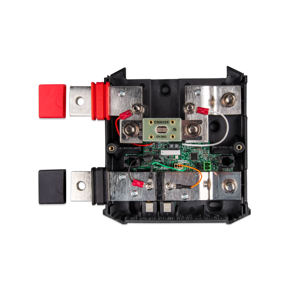 Lynx shunt VE.Can top view showing the internal circuit board, high-current busbars, and the central fuse holder with the protective housing removed.