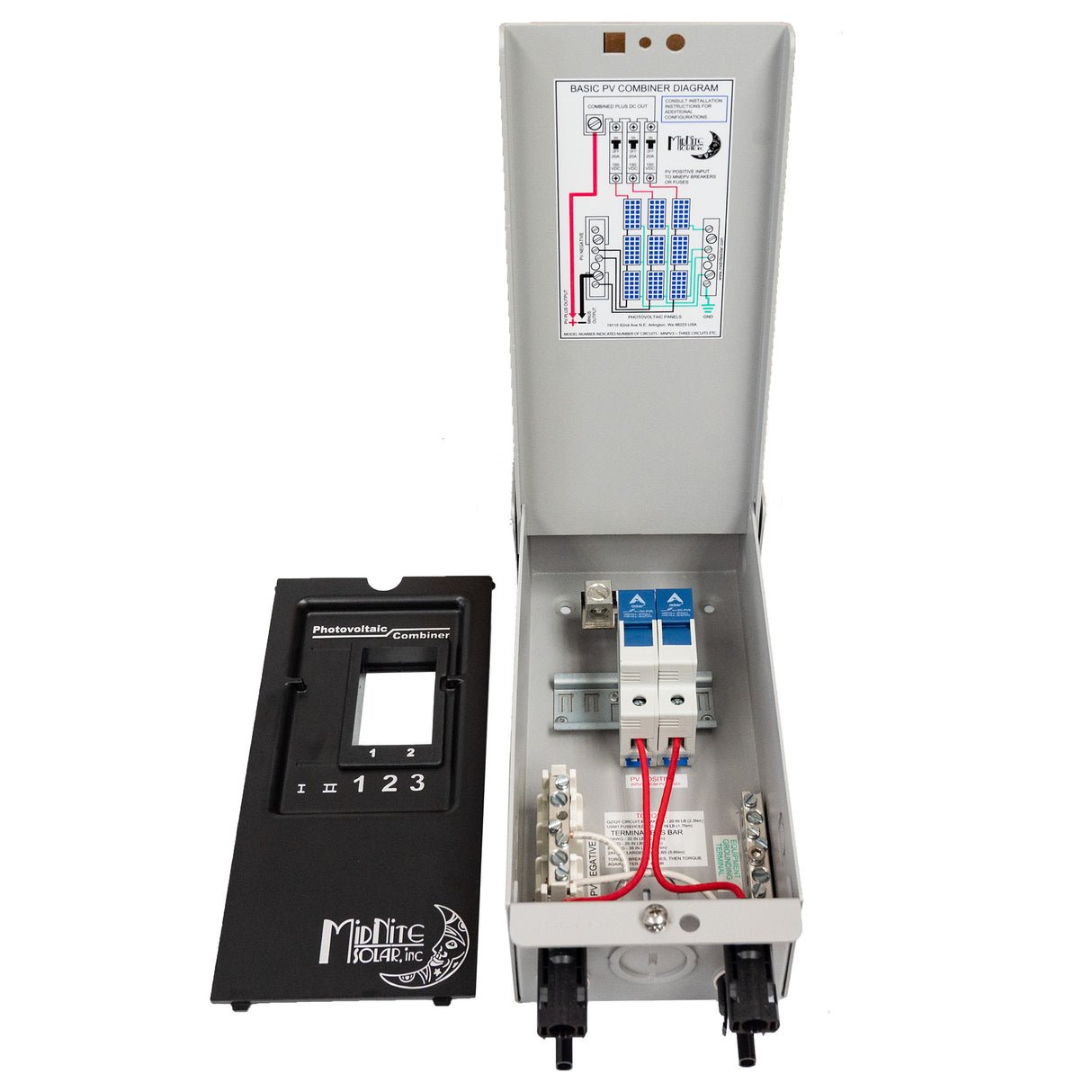 Midnite solar MNPV2 MC4 pre-wired solar panel string combiner box - front door lid opened