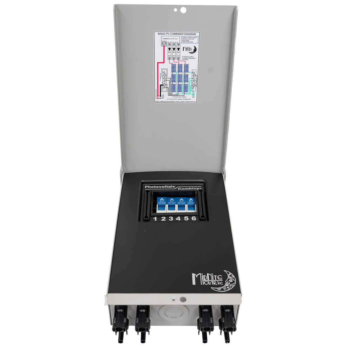 Midnite solar MNPV4 MC4 pre-wired solar panel string combiner box - door opened