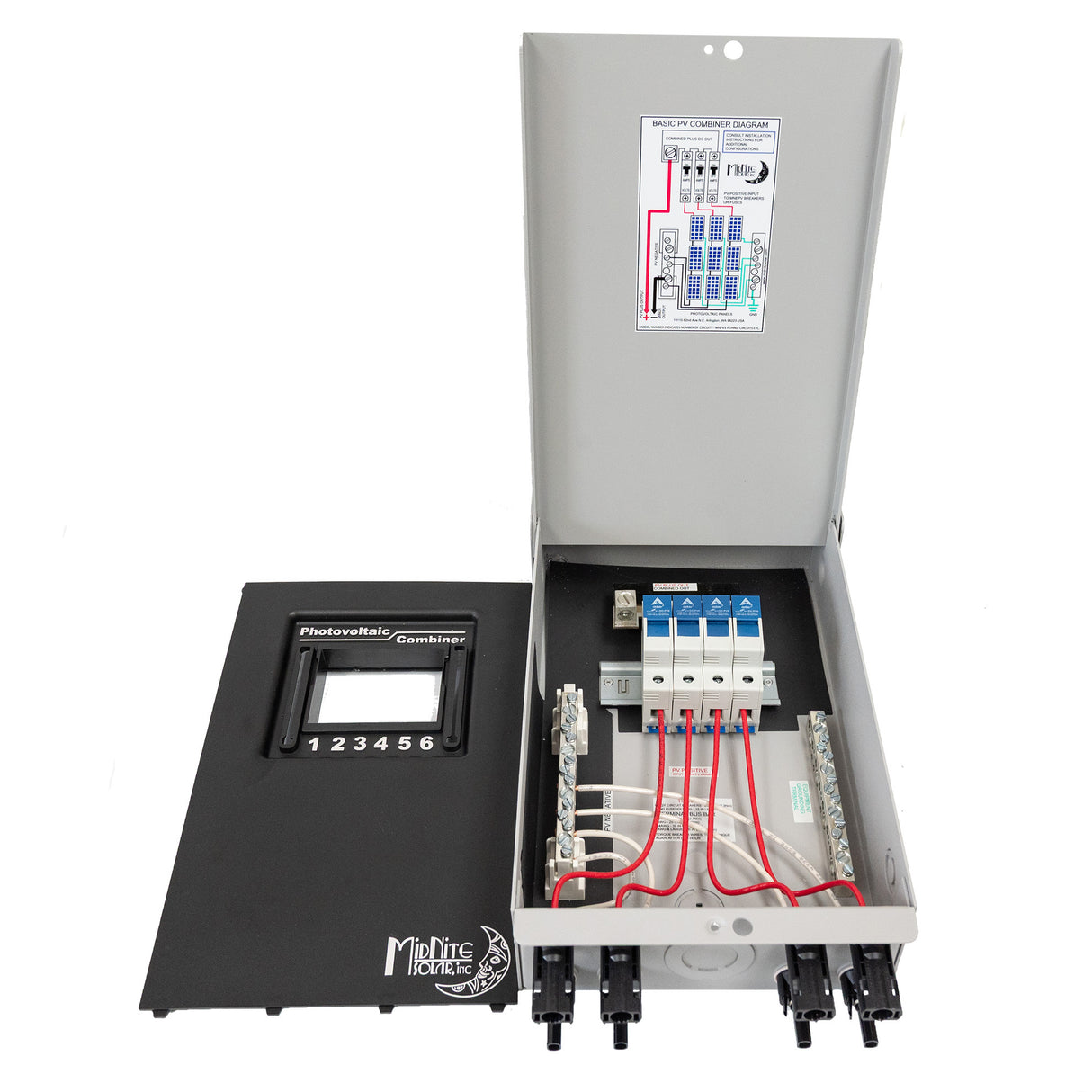 Midnite solar MNPV4 MC4 pre-wired solar panel string combiner box -door opened and lid removed
