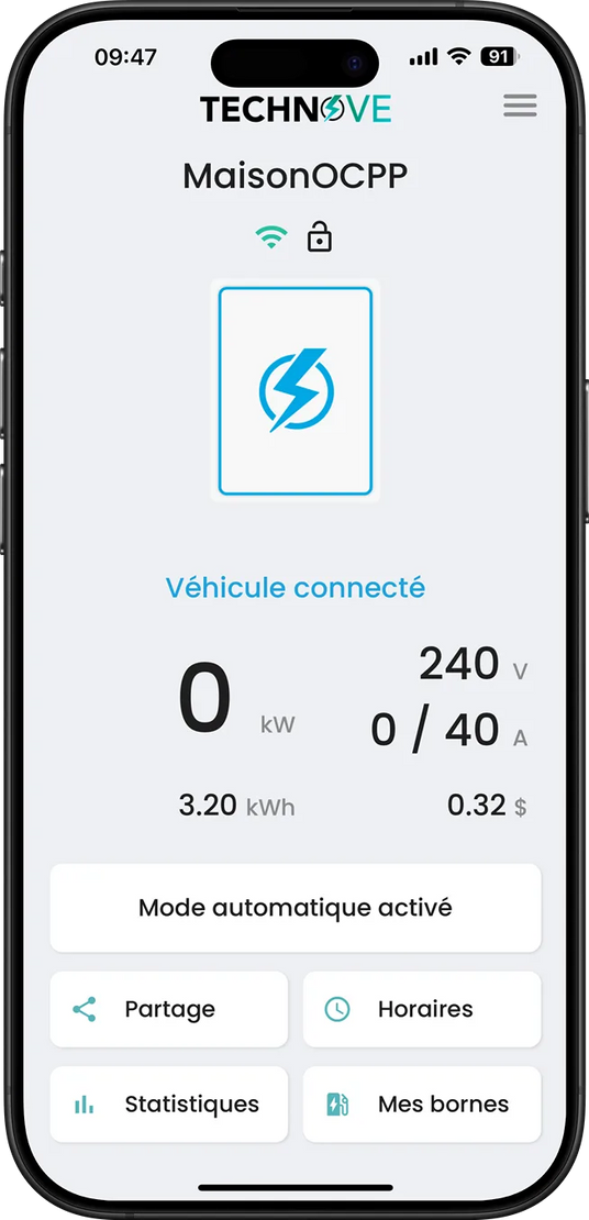 Application mobile pour telephone pour borne de recharge TechnoVE