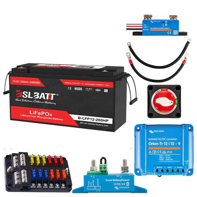 200Ah RV lithium battery kit with dc-dc charger, fuses, cables, and more