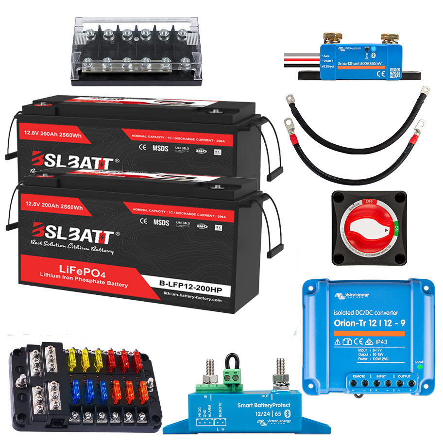 400Ah RV lithium battery kit with dc-dc charger, fuses, cables, and more