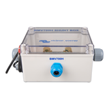 BMV-700H Shunt box front-angle view showing the internal shunt assembly through the protective housing, with the high-voltage terminal bolts and wiring connection points clearly visible.