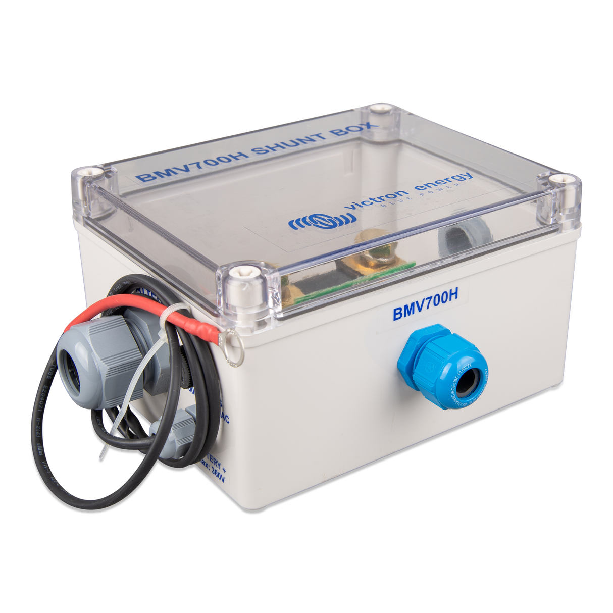 BMV-700H Shunt box right side view highlighting the high-voltage terminal connection points and the durable protective enclosure for safe system integration.