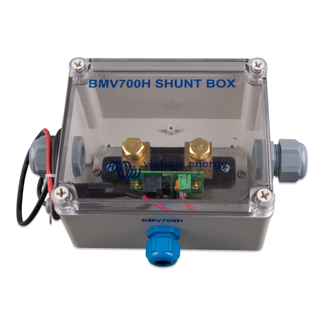 BMV-700H Shunt box top-angle view showing the heavy-duty busbar assembly, mounting points, and the insulated protective housing designed for high-voltage battery monitoring.