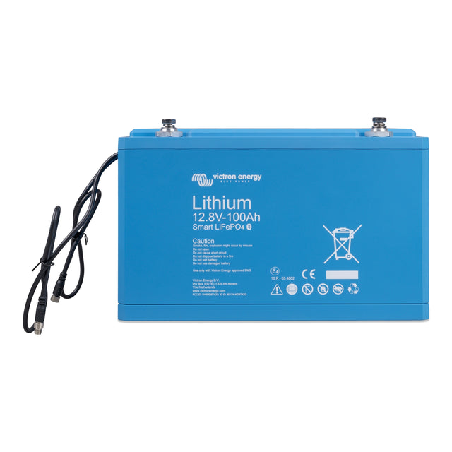 Victron Energy BAT512110610 lithium Smart LiFePO4 12V 100Ah Smart battery - front with wires