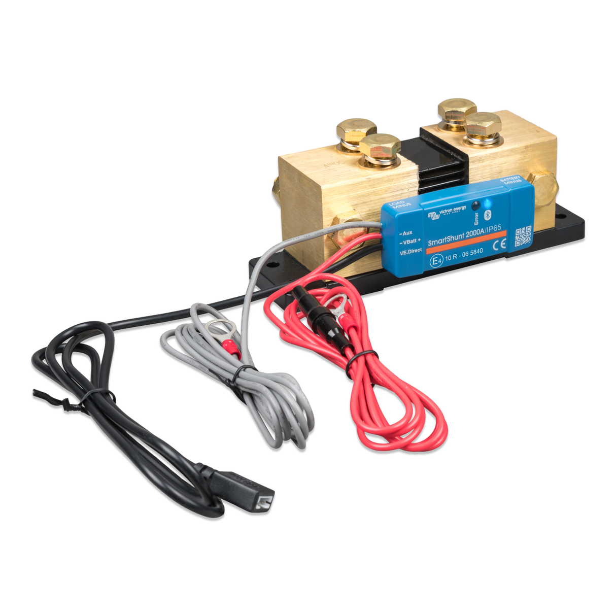 SmartShunt 2000A-50mV IP65 right side view showing the solid brass connection bars and the secure entry points for the battery monitoring communication cables.