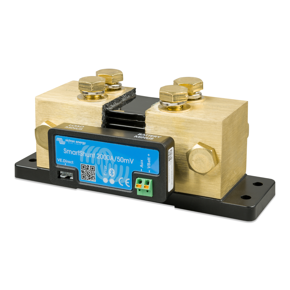 SmartShunt 2000A-50mV left side view showing the solid brass terminal bar and the durable mounting base for high-current power monitoring.