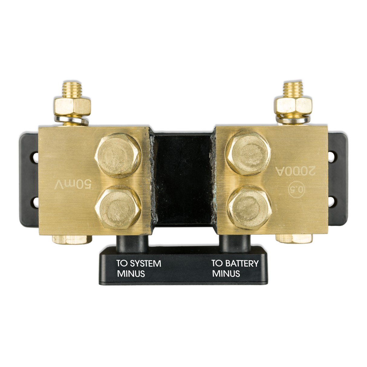 SmartShunt 2000A-50mV top view showing the full layout of the solid brass shunt bars and the dual M10 terminal bolts for high-capacity battery connections.