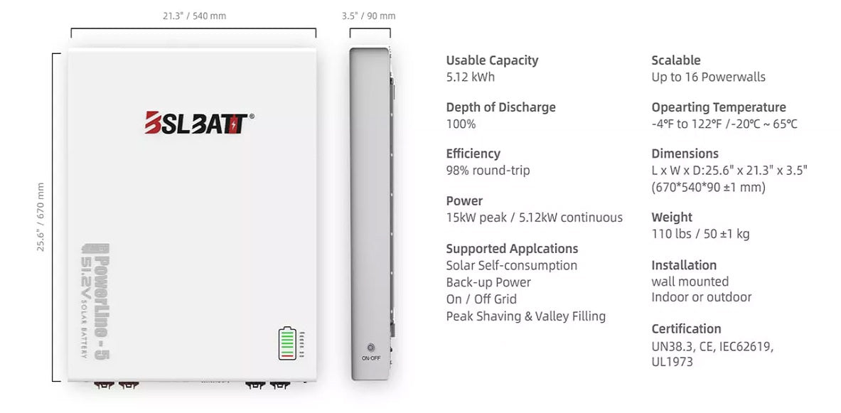 BSLBatt Powerline 5 LifePO4 lithium wall mounted battery specifications