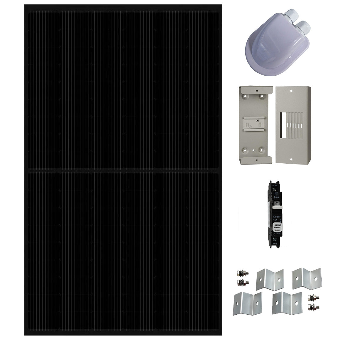 RV Solar panel kit including solar panel, gland, Midnite Baby box, DC breaker and Z brackets