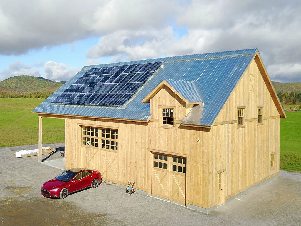 Grid-Tied Net-Metering Solar Panel System charging a Tesla EV car - side view