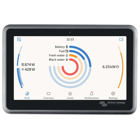 Victron Energy Ekrano GX brief solar power energy flow and tank level screen