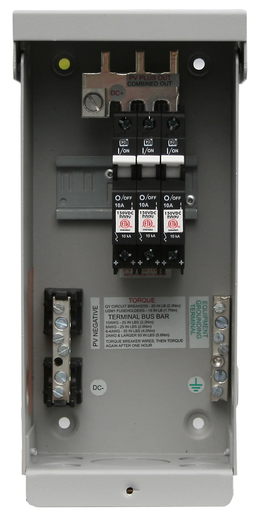 Midnite Solar MNPV3 combiner box - inside view with breakers