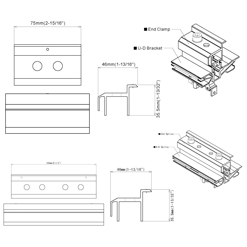 Roof Tech RT-APEX solar panel rail-less mounting solution - end clamp drawing