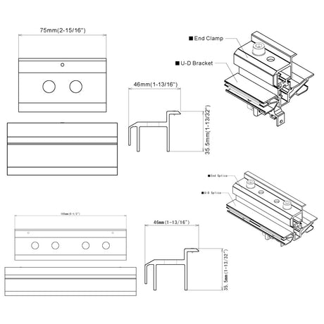 Roof Tech RT-APEX solar panel rail-less mounting solution - end clamp drawing