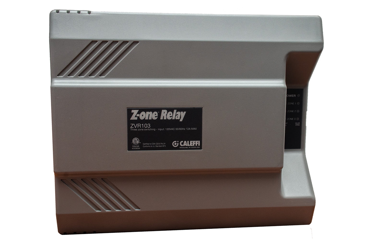 Caleffi ZVR103 zone relay for radiant floor heating system - front
